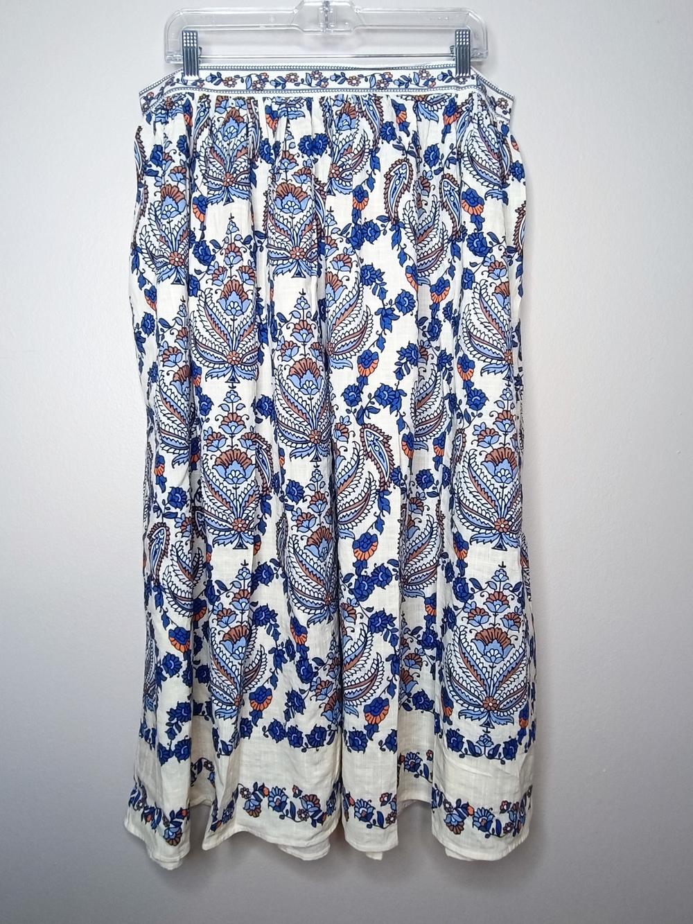 Max Studio Linen Blend Paisley Floral Boho Midi Skirt Size L Ecru Blue Orange